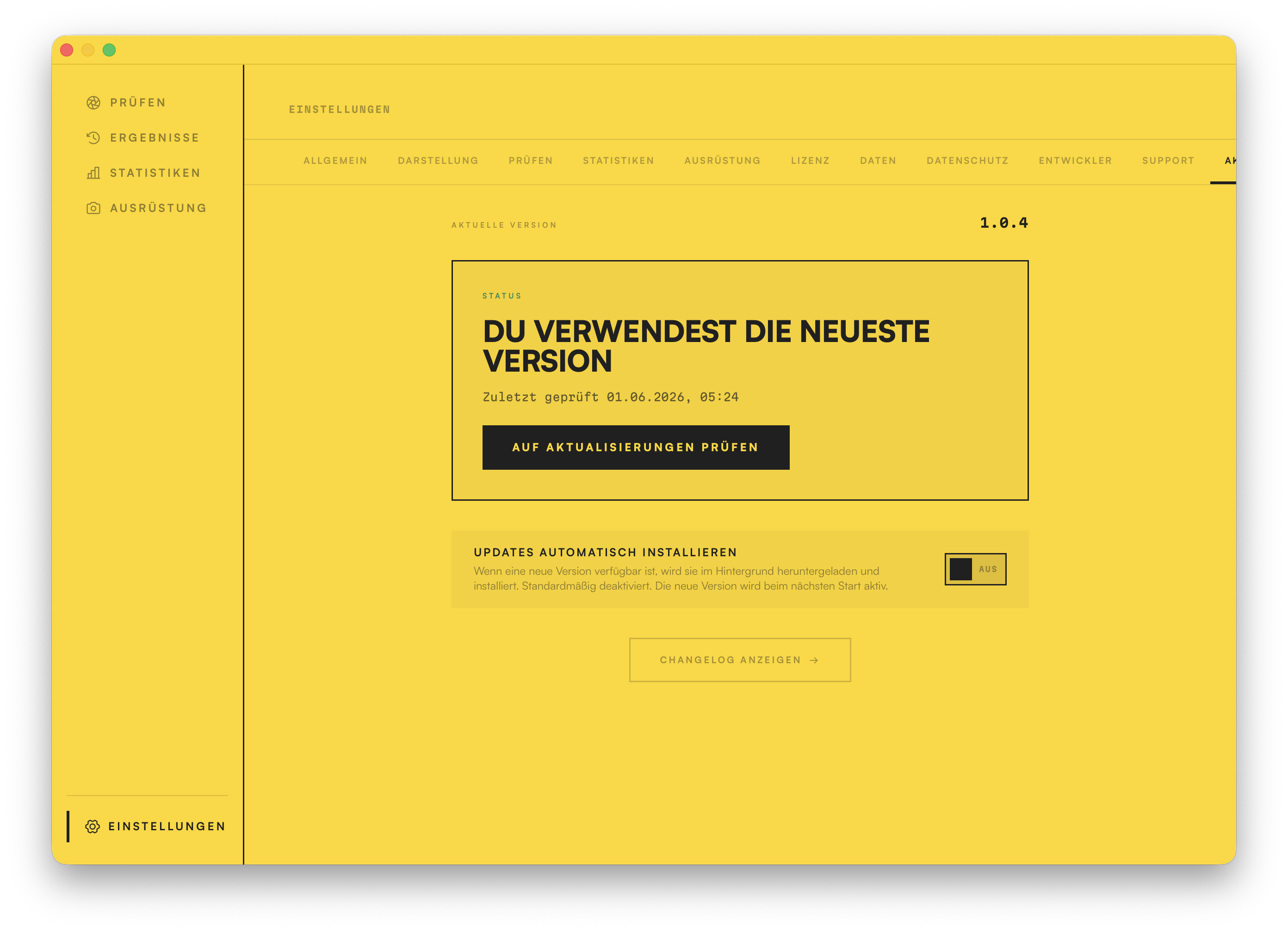 Der Aktualisierungs-Bildschirm: auf der neuesten Version, mit einem Schalter für automatische Aktualisierung und Link zum Änderungsprotokoll.