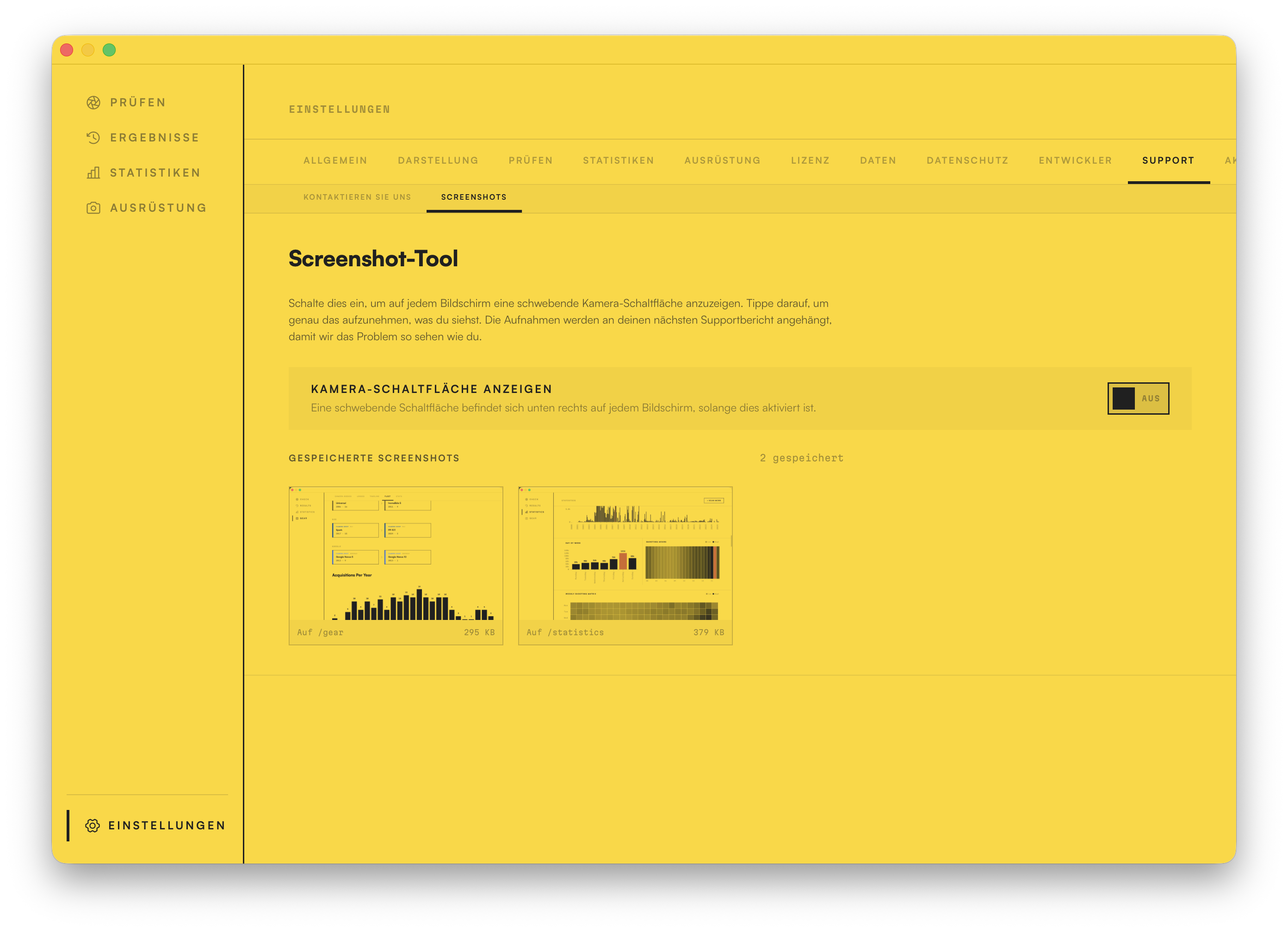 Das eingebaute Screenshot-Werkzeug: Ein schwebender Kamera-Button nimmt jeden Bildschirm für einen Support-Bericht auf.