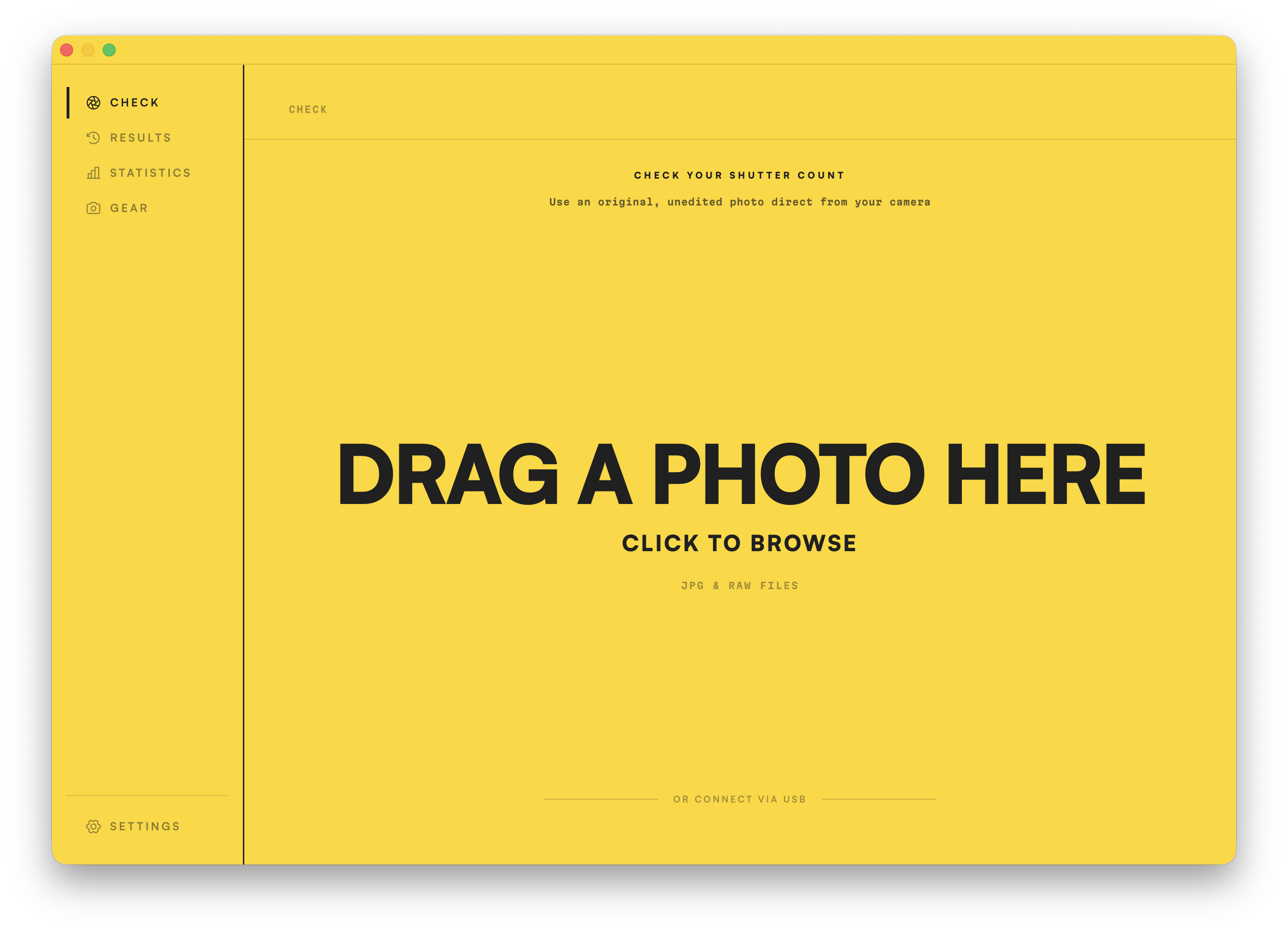 The Check screen. Drag a photo onto the window to read its shutter count.