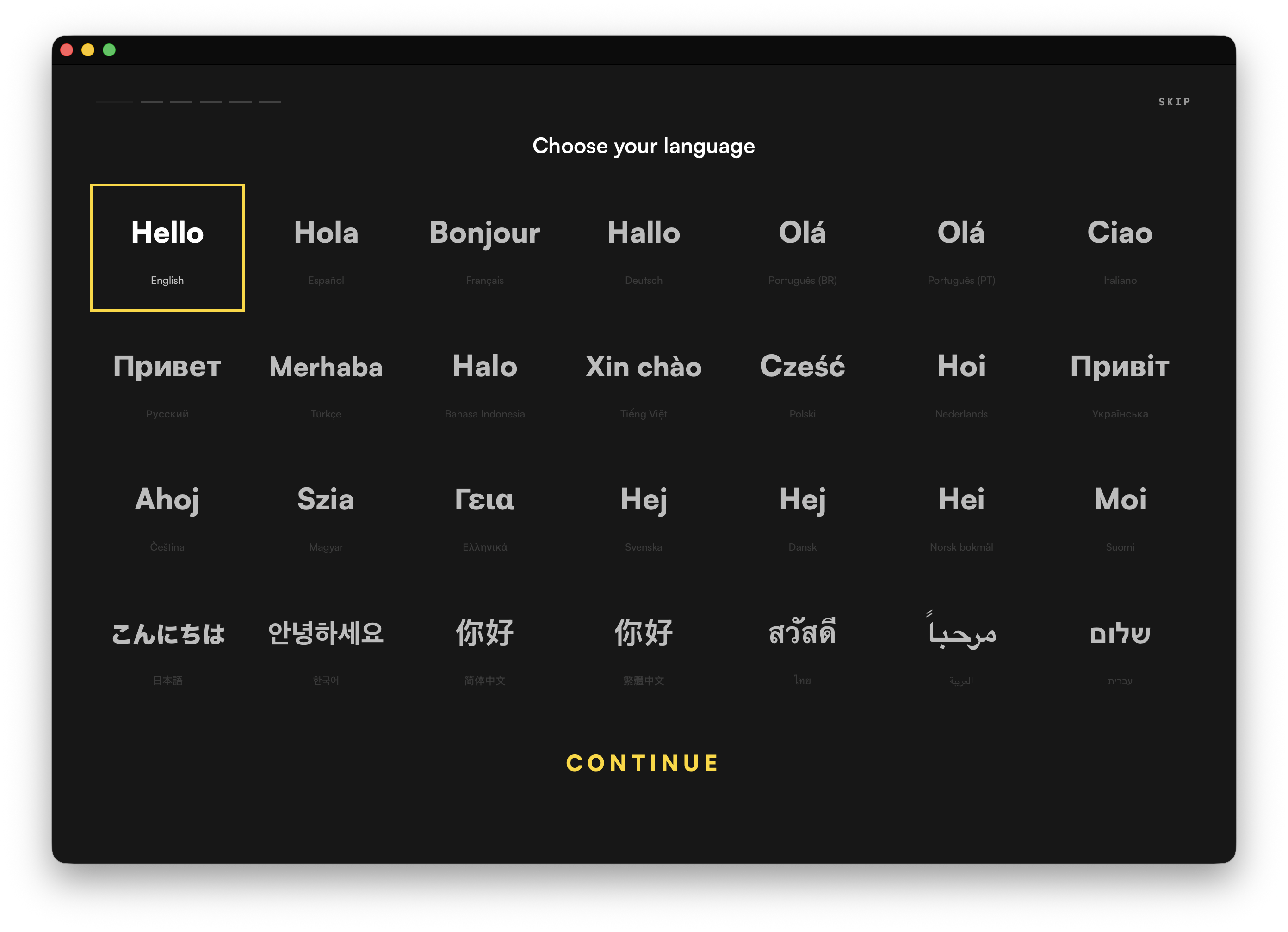 The language picker: thirty-one languages, from English and Spanish to Japanese and Thai.