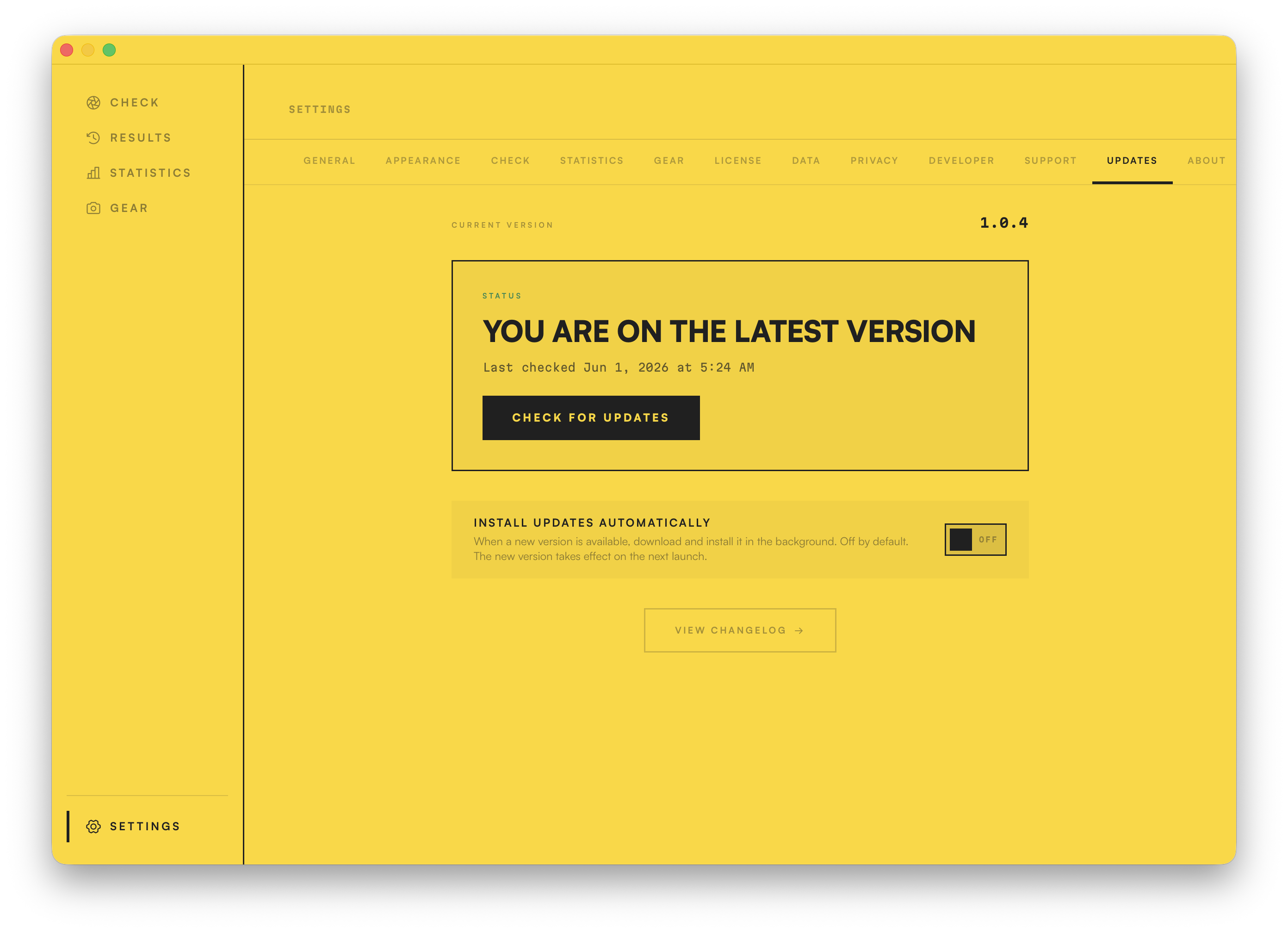 The updates screen: on the latest version, with an auto-update toggle and changelog link.
