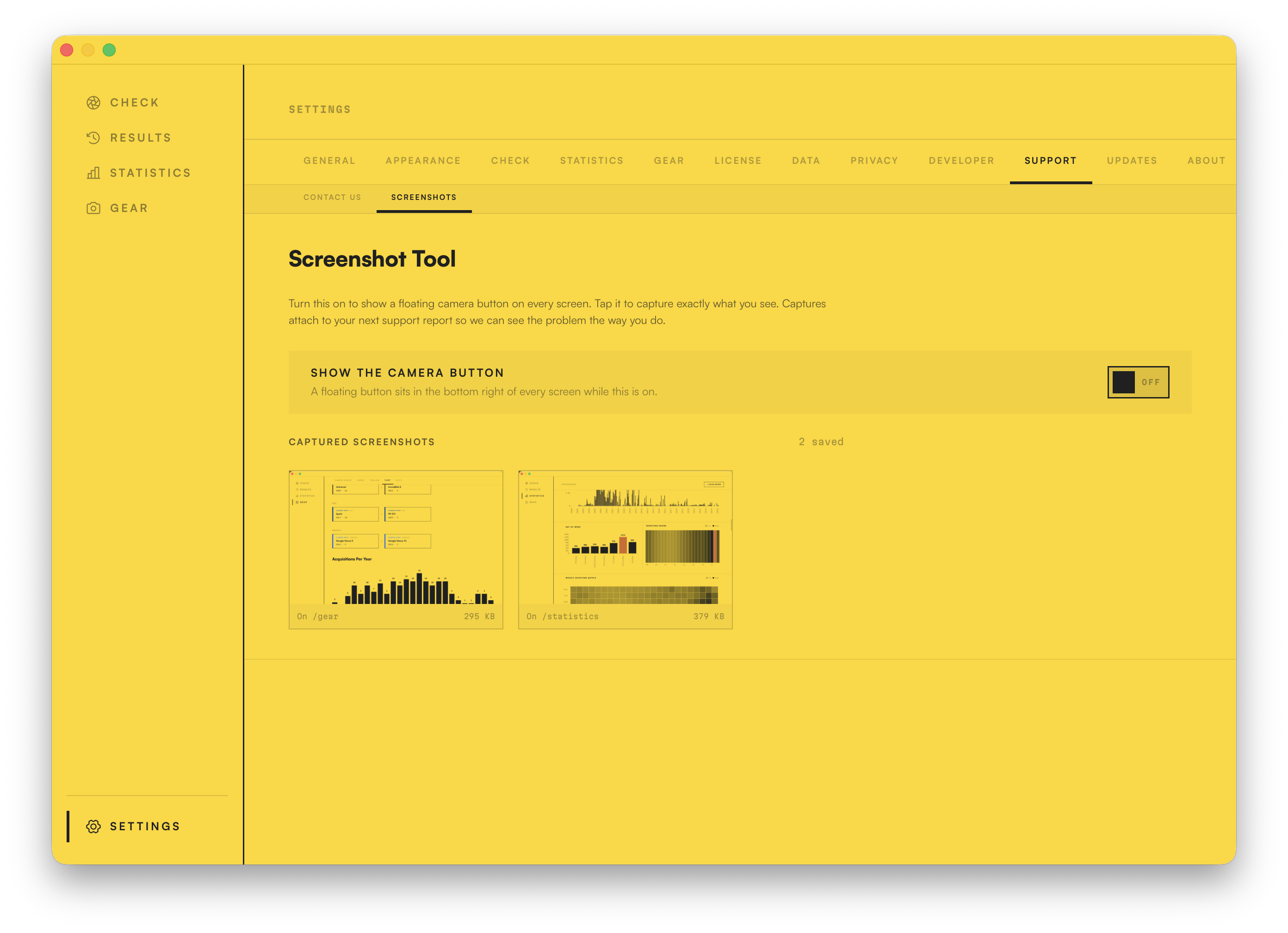 The built-in Screenshot Tool: a floating camera button captures any screen for a support report.