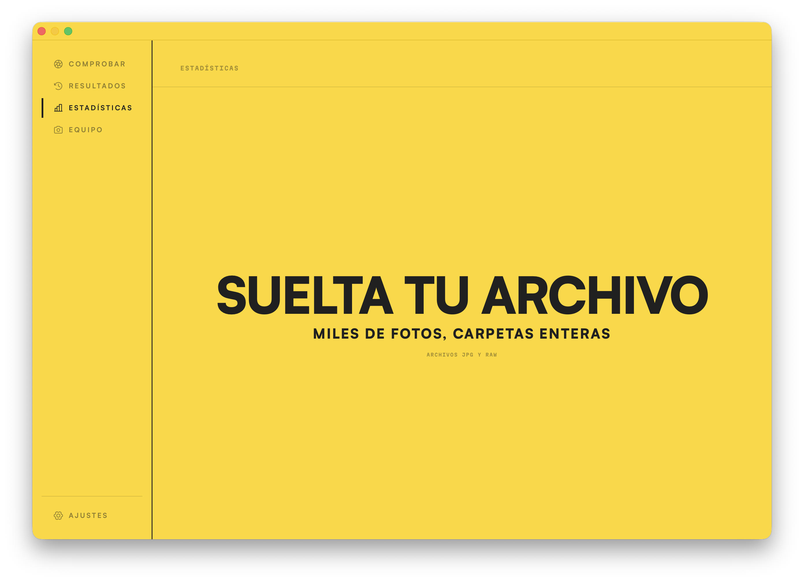 La zona para soltar de Estadísticas. Suelta miles de fotos, o carpetas enteras, para empezar.