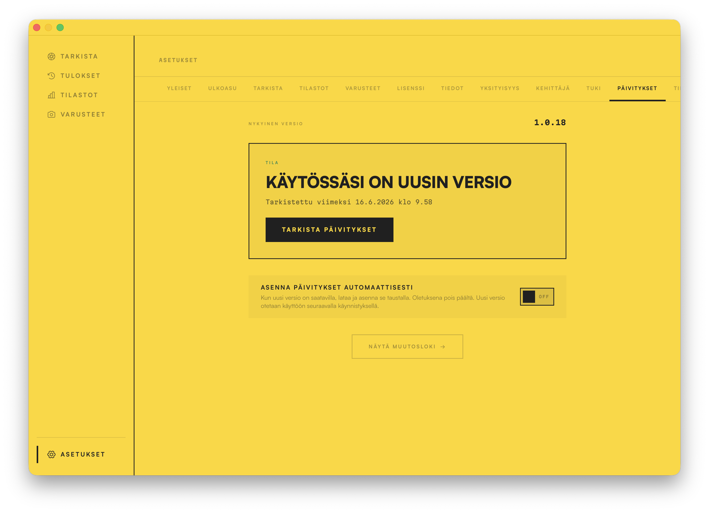 Päivitysnäkymä: uusin versio käytössä, automaattipäivityksen kytkin ja linkki muutoslokiin.