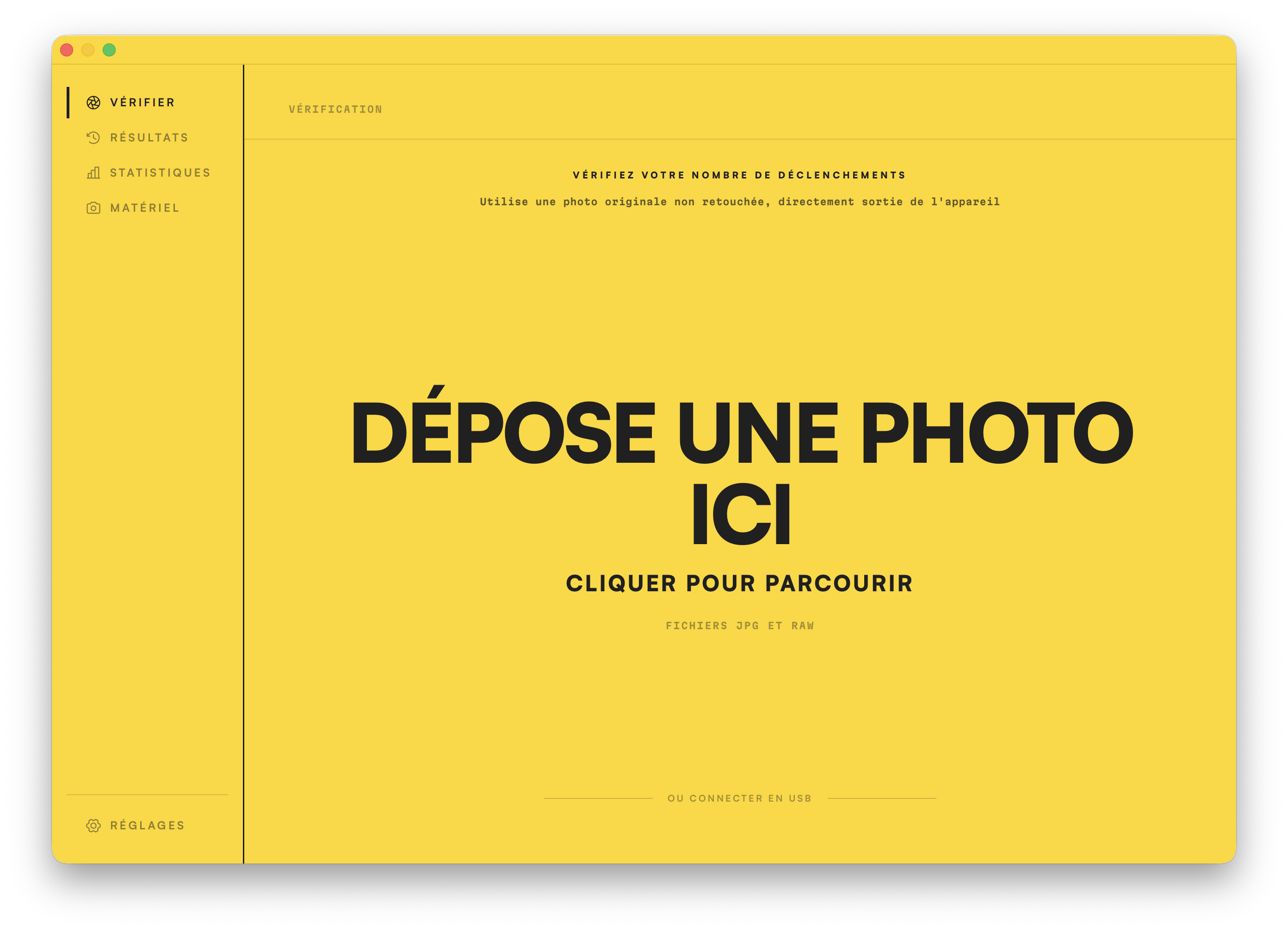 L'écran Vérifier. Faites glisser une photo sur la fenêtre pour lire son nombre de déclenchements.
