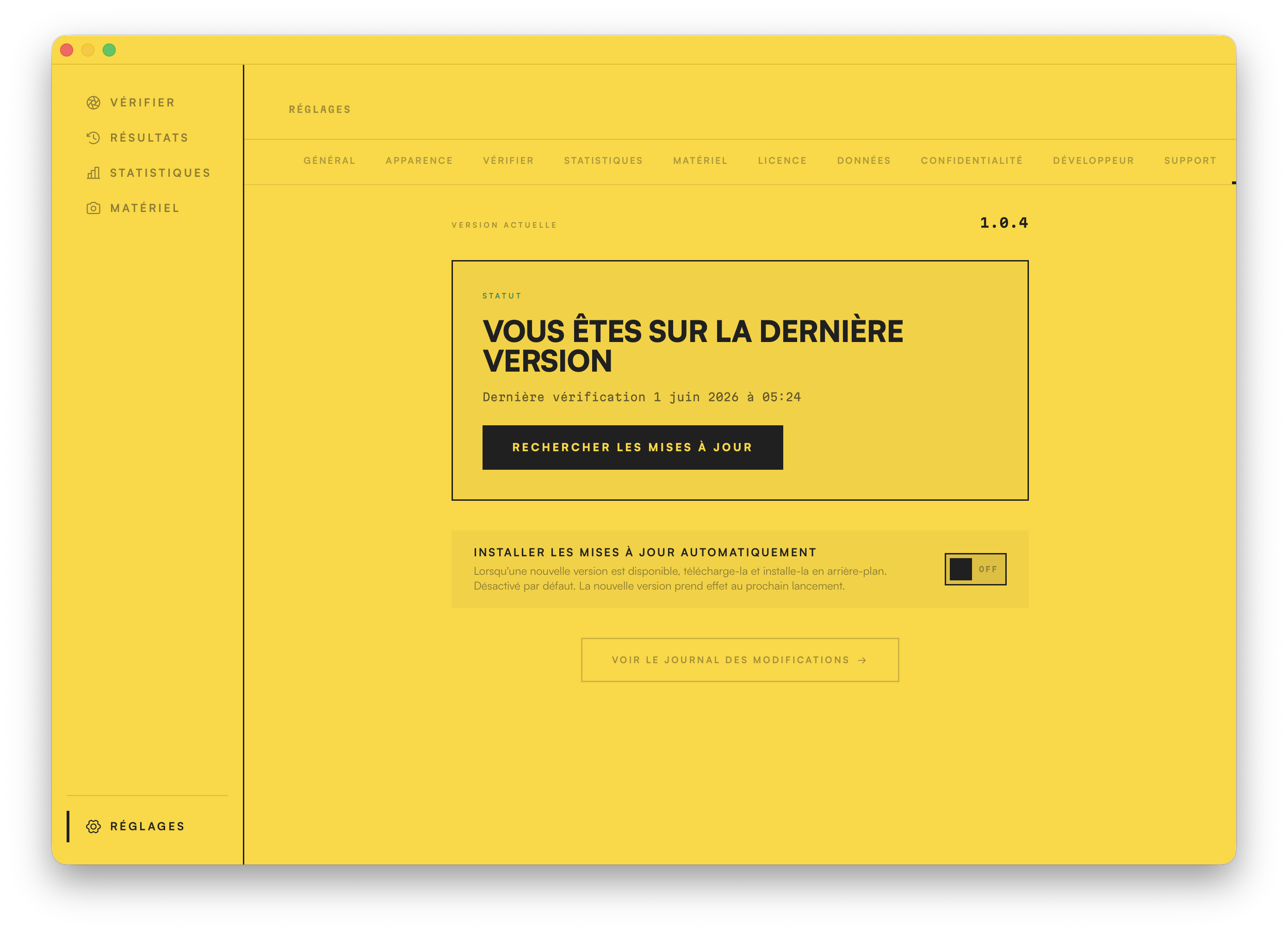 L'écran des mises à jour : sur la dernière version, avec un bouton de mise à jour automatique et un lien vers le journal des modifications.