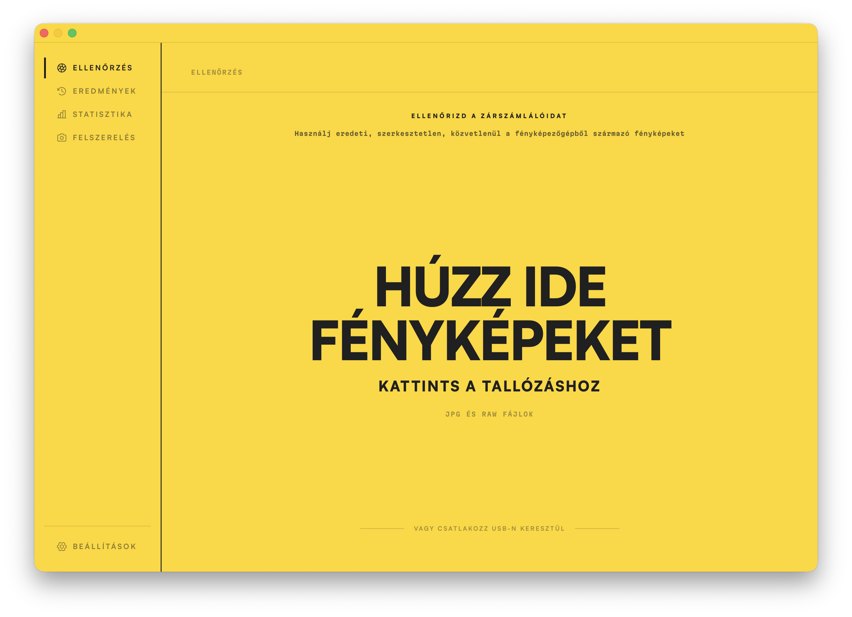 Az Ellenőrzés képernyő. Húzz egy fényképet az ablakra a zárszámláló kiolvasásához.