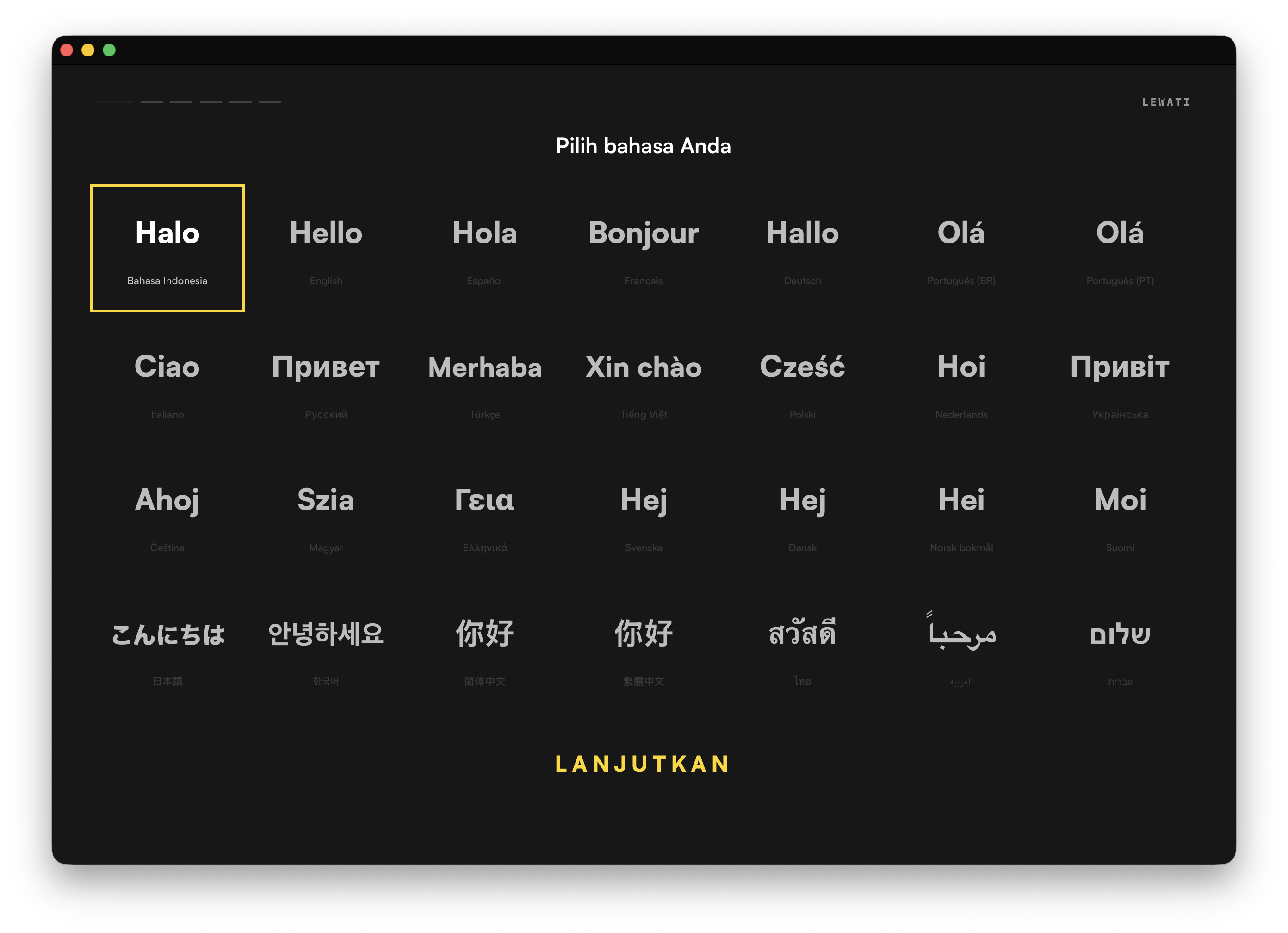 Pemilih bahasa: dua puluh delapan bahasa, dari Inggris dan Spanyol hingga Jepang dan Thai.