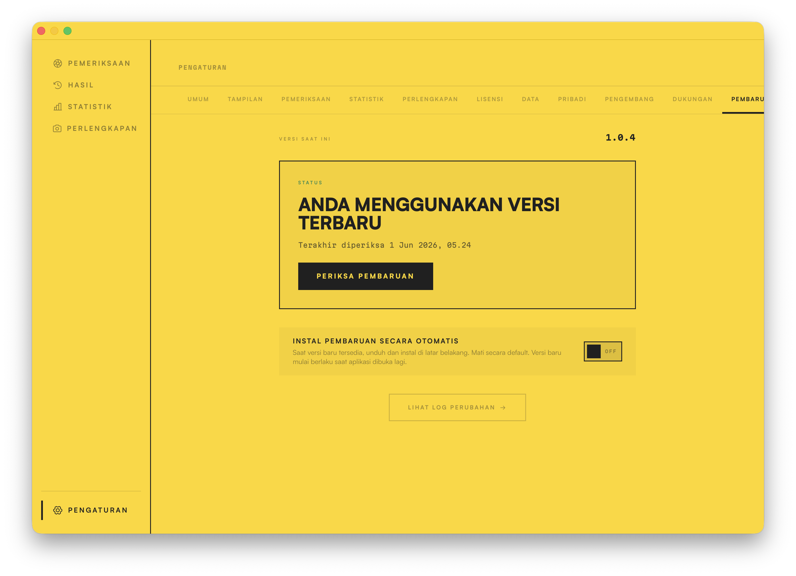 Layar pembaruan: pada versi terbaru, dengan sakelar pembaruan otomatis dan tautan catatan perubahan.