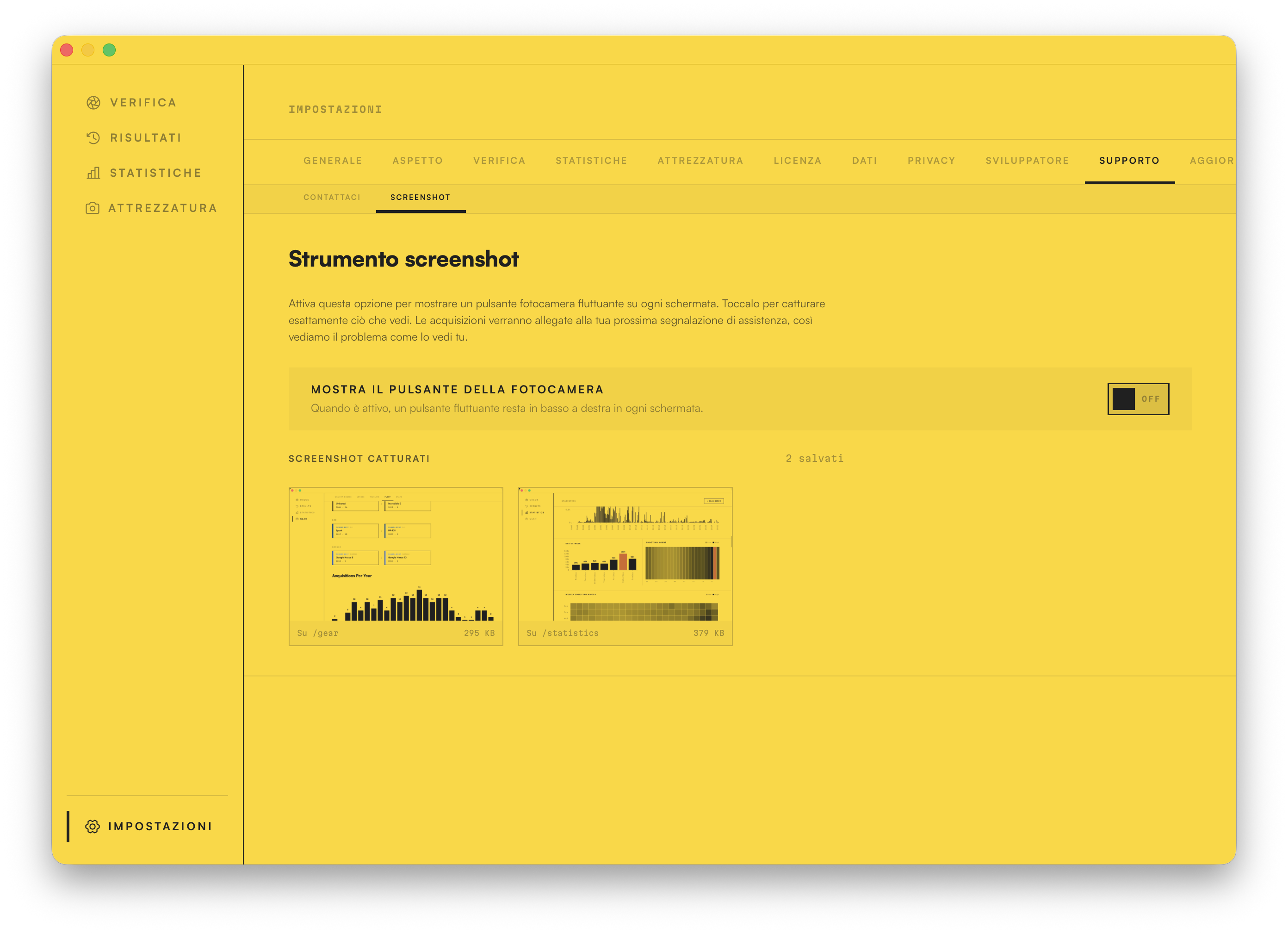Lo strumento di screenshot integrato: un pulsante fotocamera fluttuante cattura qualsiasi schermata per un report all'assistenza.