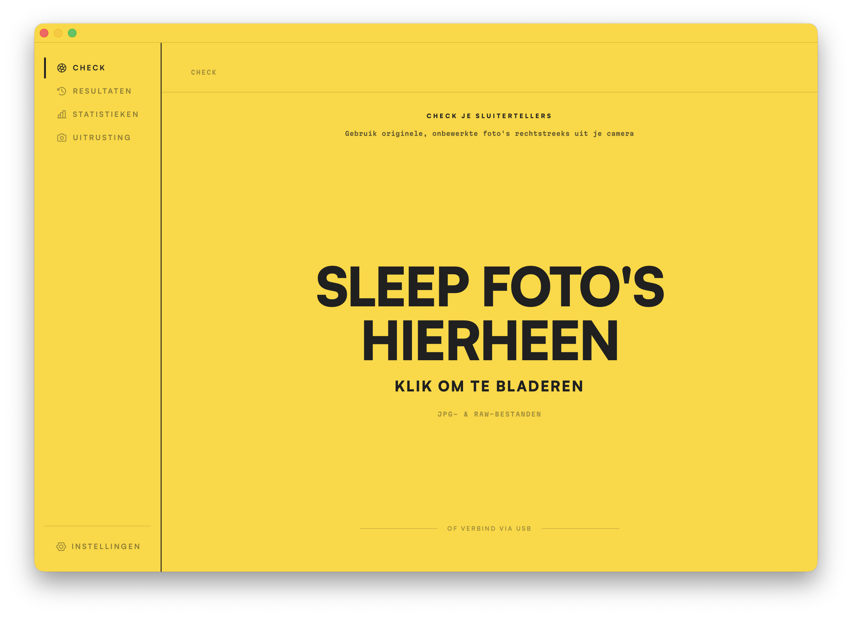Het Check-scherm. Sleep een foto op het venster om de sluitertelling uit te lezen.