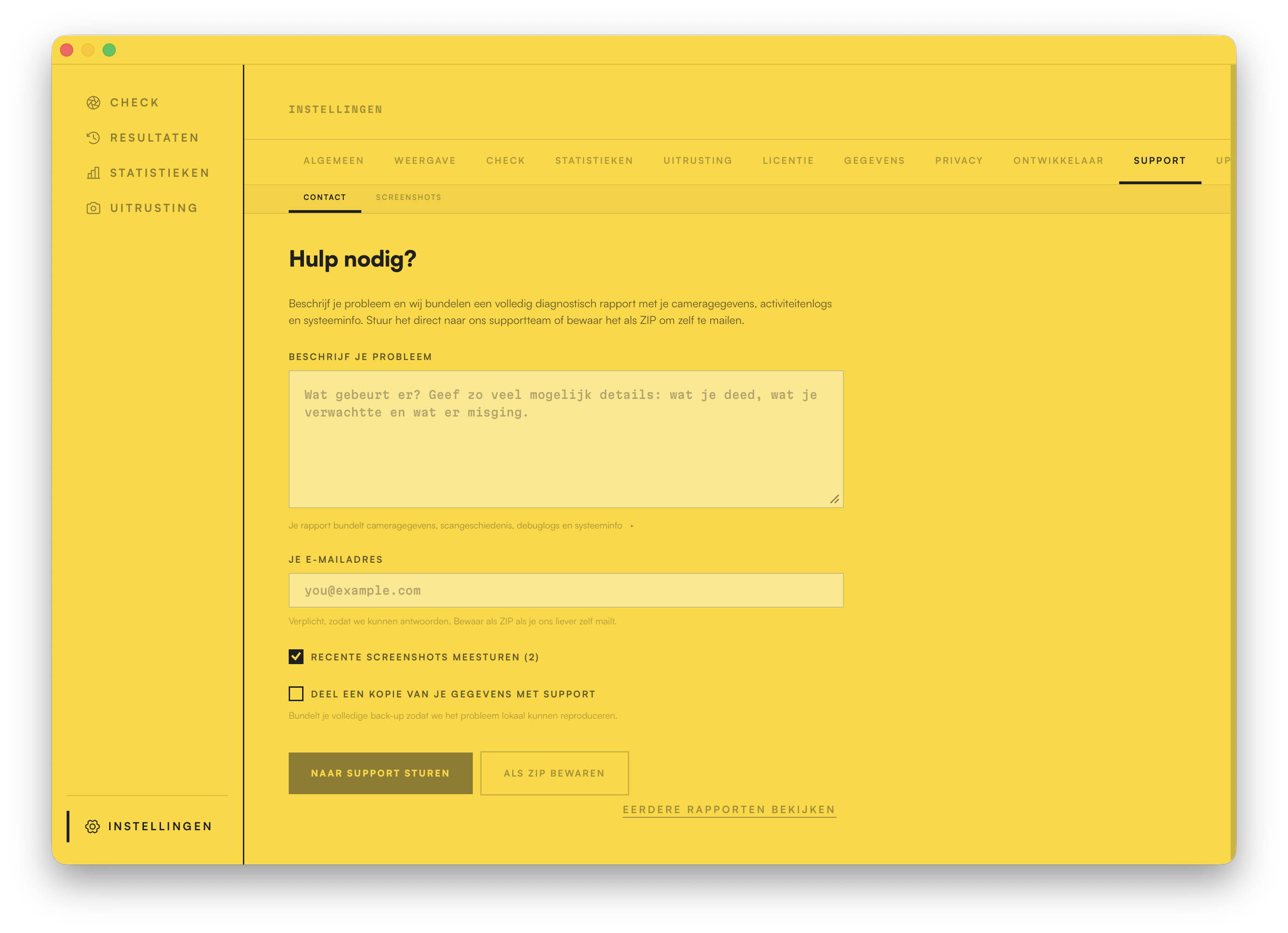 Het scherm Hulp krijgen: beschrijf je probleem en stuur een gebundeld diagnoserapport naar support.