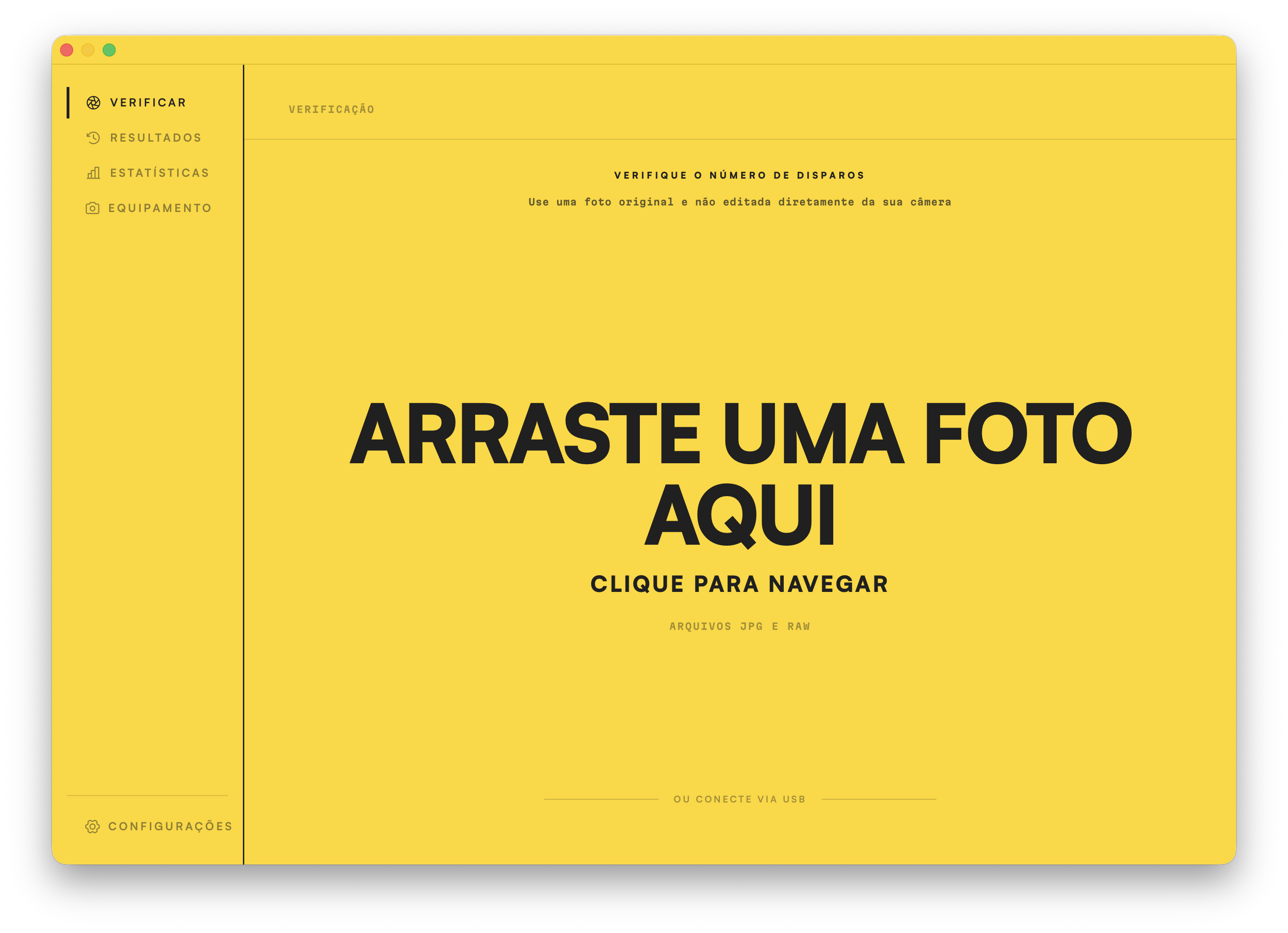 A tela Verificar. Arraste uma foto para a janela para ler o número de disparos.