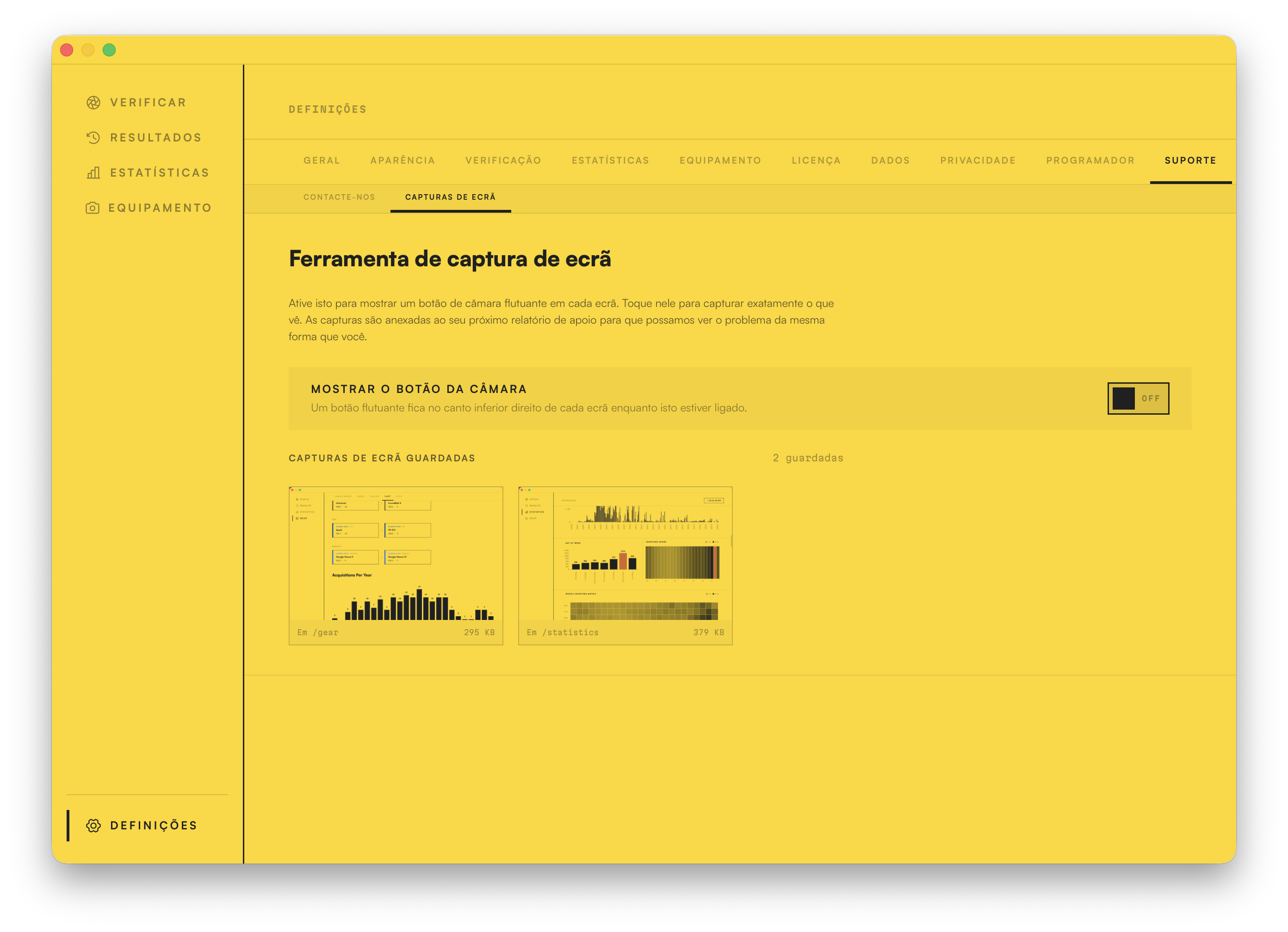 A ferramenta de captura de ecrã integrada: um botão flutuante da câmara captura qualquer ecrã para um relatório de apoio.
