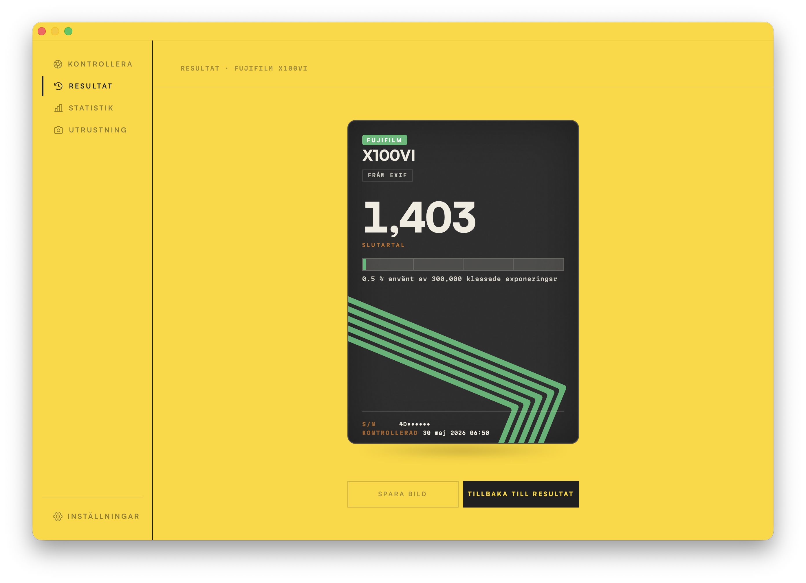 Ett enskilt resultat som visar slutartalet för ett kamerahus.