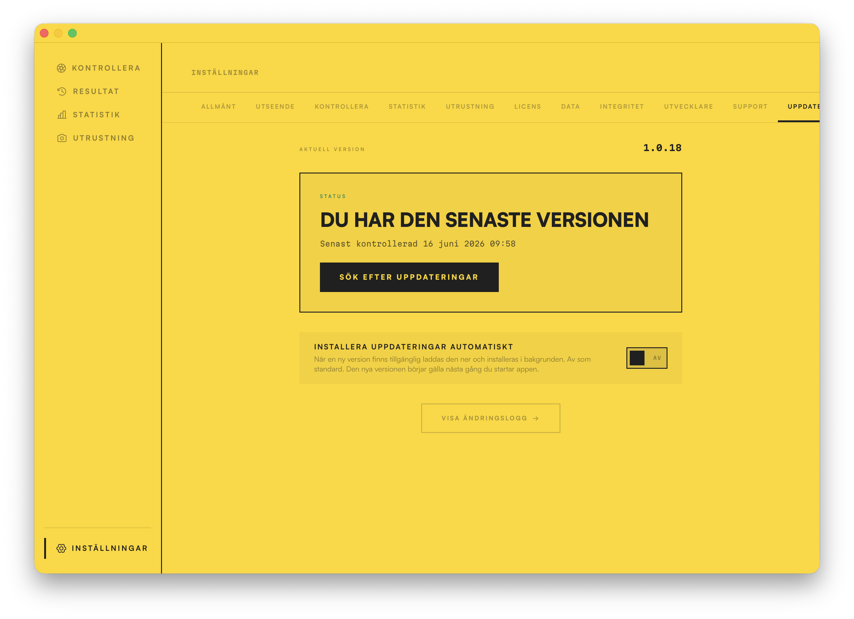 Uppdateringsskärmen: på den senaste versionen, med en växlare för automatiska uppdateringar och länk till ändringsloggen.