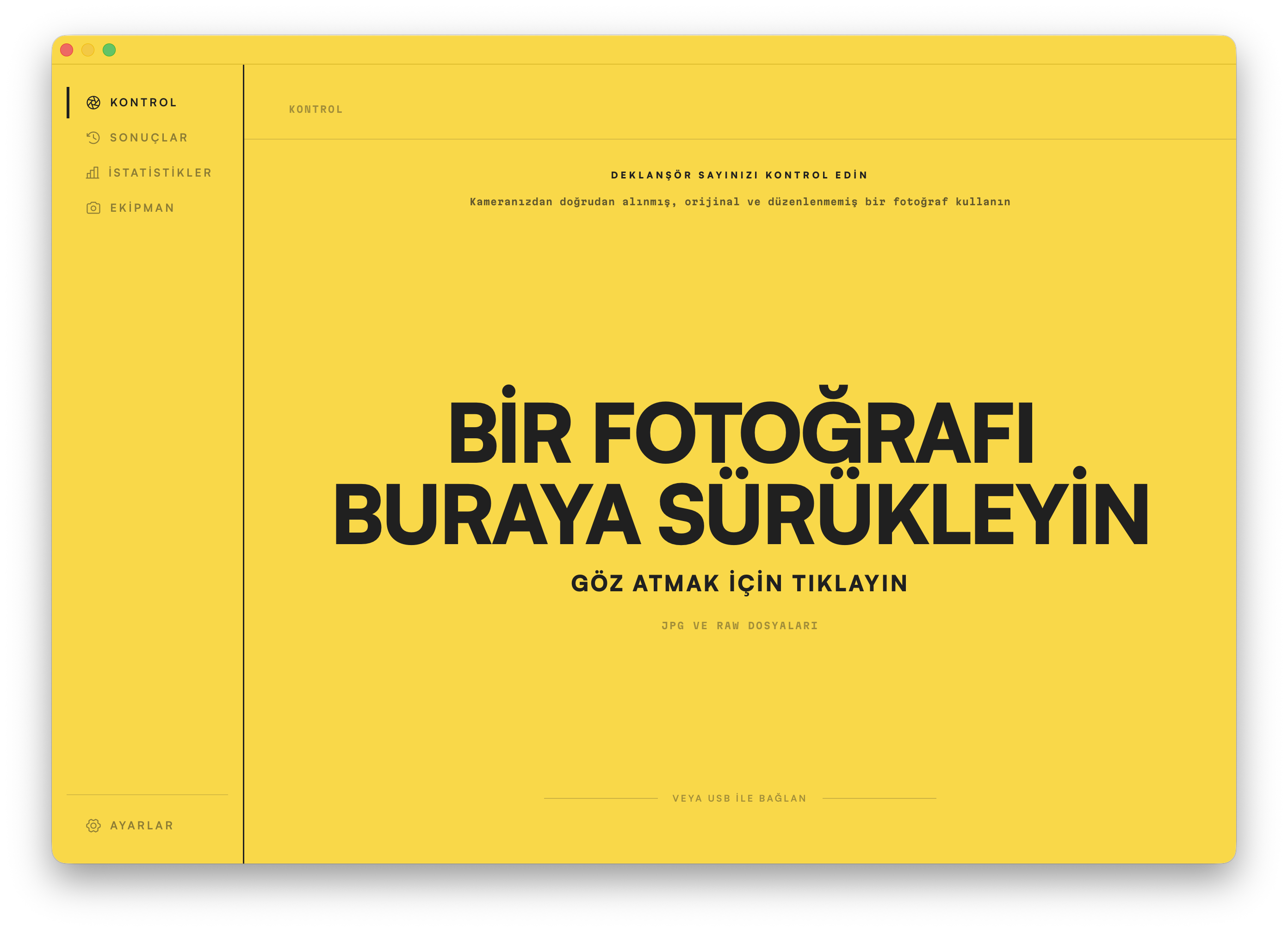 Kontrol ekranı. Deklanşör sayısını okumak için bir fotoğrafı pencereye sürükleyin.
