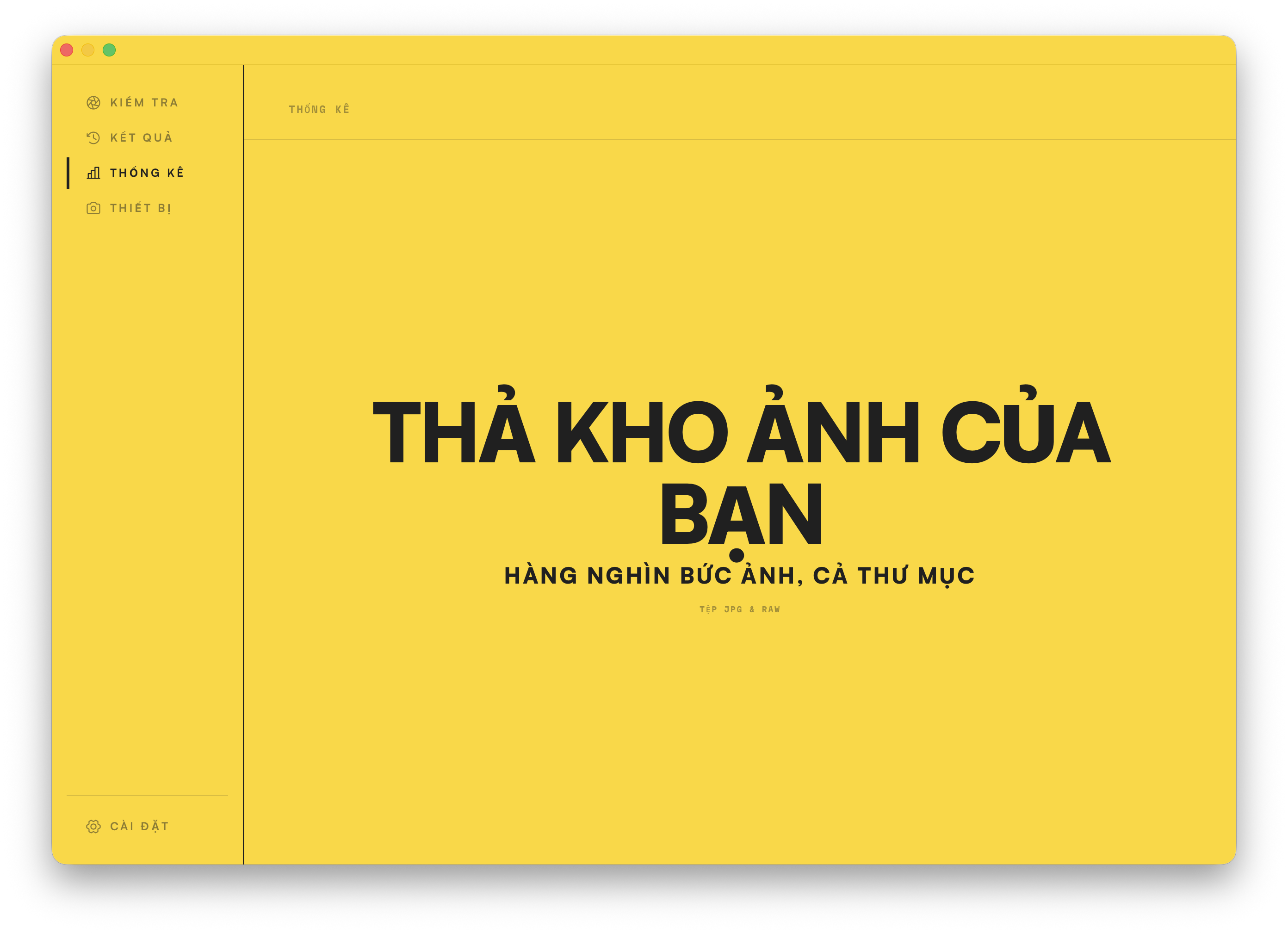Vùng thả của phần Thống kê. Thả hàng nghìn bức ảnh, hoặc cả thư mục, để bắt đầu.